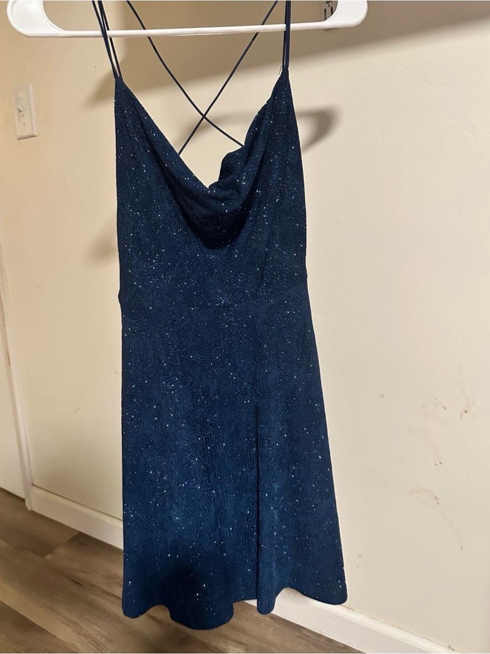 Strappy Cowl Neck Sparkle Dress in Navy
